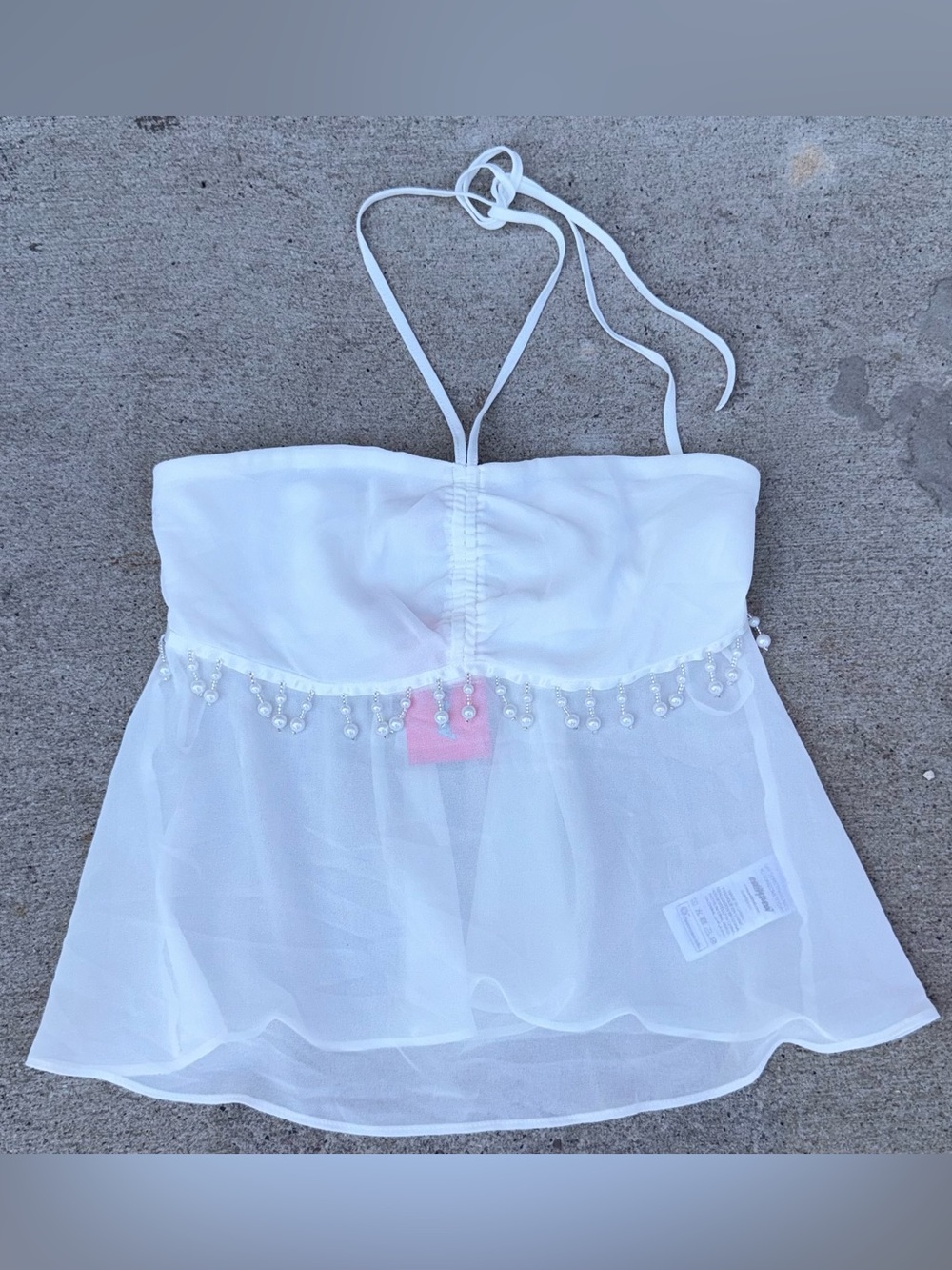NWT Edikted White Sheer Mesh Pearl Beaded Babydoll Halter Top Size XS